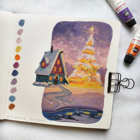 Holiday Watercolor Art, Christmas Decorations Painting, Guache Winter Painting, Guache Christmas Painting, Christmas Art Sketches, Gouache Christmas Painting, Gouache Painting Inspiration, Christmas Gouache Paintings, Christmas Sketchbook Ideas