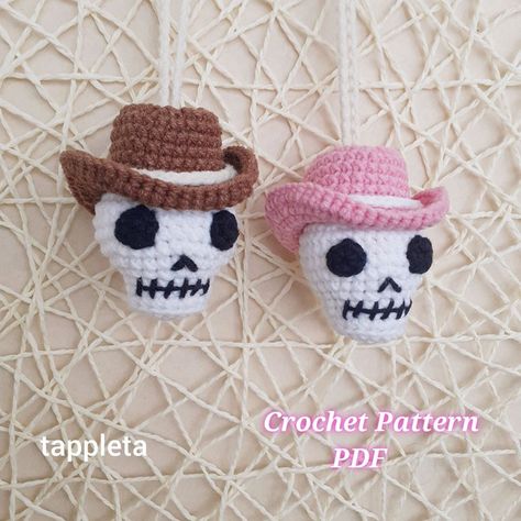 Cowboy Skull charm crochet pattern, Car hanging cowboy skull | Inspire Uplift Skull Cowboy Hat, Cowboy Hat Crochet, Skull Crochet Pattern, Western Party Decorations, Invisible Join, Cowboy Crochet, Skull Crochet, Skull Cowboy, Charm Crochet