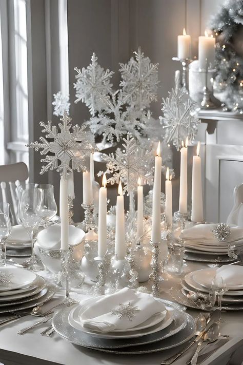 25 Simple Yet Stunning Christmas Decor Dining Room Table Ideas for Every Style - RectifyHome Snowflake Dessert Table, Winter Wonderland Christmas Table Decor, Winter Wonderland Party Decorations Diy, Gold Christmas Table Settings, Red And Gold Christmas Table, White Christmas Tablescapes, Winter Wonderland Table Decorations, Christmas Decor Dining Room, Candy Cane Centerpiece