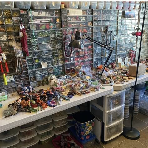 Jewelry Workspace, Jewelry Studio Workspaces Closet, Beading Studio Workspaces, Warhammer Hobby Room, Organizing Beading Supplies, Warhammer Paint Storage, Jewelry Studio Space, Jewelry Studio Organization, Hobby Room Design