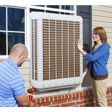 Evaporative cooling is the environmentally friendly way to beat the heat. Evaporative coolers offers low initial cost of equipment, easy installation and simple operation and maintenance. The MasterCool MCP44 evaporative window cooler provides all that with a slim exterior profile of only 10 inches. This window cooler is not your average swamp cooler and will leave you impressed with its performance. Happy Chickens, Garage Work Shop, Evaporative Coolers, Evaporative Cooling, Swamp Cooler, Evaporative Cooler, Porch Posts, Porch Makeover, Window Air Conditioner