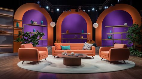 Set Design Talk Show, Interview Room Aesthetic, Television Set Design, Talk Show Set Design Studios, Tv Studio Set Design Ideas, Talkshow Set Design, Content Creation Room, Talk Show Set Design, Tv Studio Design