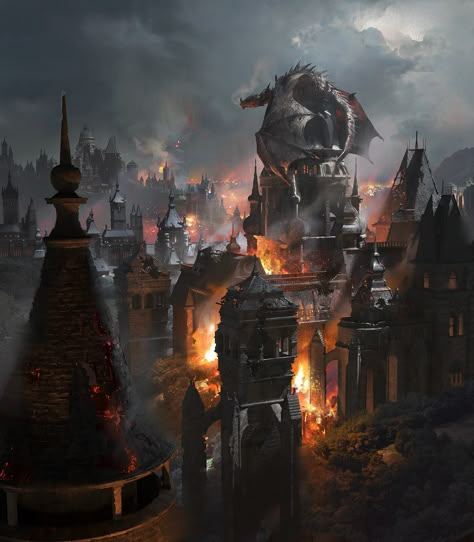 Anime People Drawings, Cool Fantasy Art, Building On Fire, Fantasy Locations, Fantasy Settings, Fantasy Universe, Dragon City, Architecture Collage, Poker Face