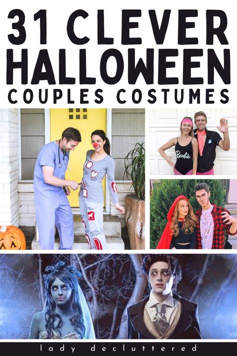 31 Clever Halloween Couple Costumes Clever Costumes For Couples, Costume Diy Couple, Old Couple Costume Ideas, Funny Adult Halloween Costumes Couples, Clever Costume Ideas, Husband Wife Costume Ideas, Halloween Costumes For Older Couples, Inappropriate Couple Halloween Costumes, Clever Couples Costumes