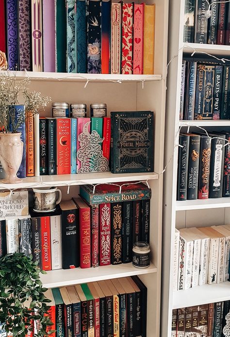 Fantasy Book Shelf Decor, Fantasy Book Shelf Aesthetic, Fantasy Bookshelf Decor, Book Cover Decoration Ideas, Books Dark Academia Aesthetic, Book Cover Decoration, Fantasy Book Shelf, Cover Decoration Ideas, Dark Academia Bookshelf