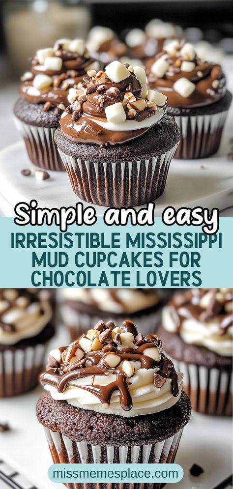 Dive into the delightful world of Mississippi Mud Cupcakes, where rich chocolate meets fluffy marshmallow frosting. This easy-to-follow recipe combines moist chocolate cake with a decadent ganache drizzle, creating a dessert that’s perfect for any occasion. Whether you're celebrating a birthday or hosting a family gathering, these indulgent treats will have everyone asking for the recipe. Get ready to impress your guests with these Southern-inspired cupcakes Cupcake Recipe Ideas, Mud Cupcakes, Chocolate Cupcake Recipe, Cupcakes For Men, Easy Chocolate Mousse, Cupcake Mix, Marshmallow Frosting, How To Make Frosting, Mississippi Mud