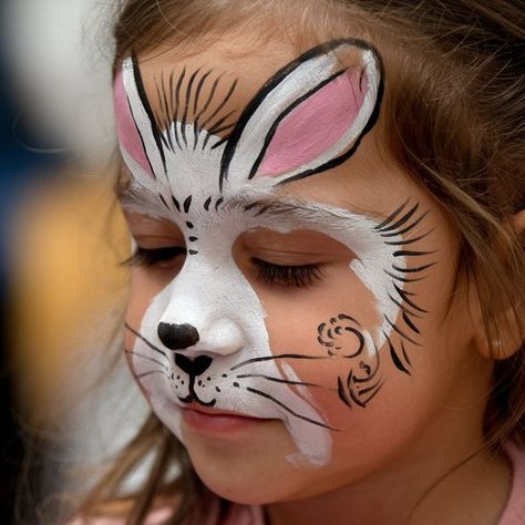 Face Painting Rabbit, Rabbit Face Paint, Easy Face Painting Ideas, Bunny Face Paint, Easy Face Painting, Face Painting Ideas, Rabbit Face, Cheek Art, Face Painting Easy