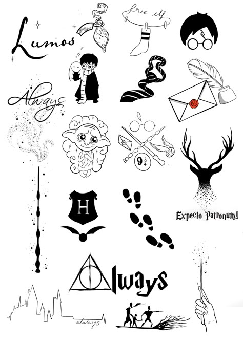 Harry Potter Tattoos Flash, Tiny Hogwarts Tattoo, Harry Potter Designs Drawings, Harry Potter Sleave Tattoo, Harry Potter Disney Tattoo, Easy Harry Potter Tattoos, Harry Potter Small Drawings, Small Tattoo Harry Potter, Harry Potter Flash Sheet