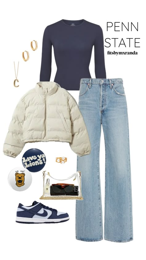 PENN STATE GAMEDAY FIT #outfitinspo #gameday #gamedayfit #gamedayoutfit #pennstate Penn State Game, College Football Game Outfit, Rush Week Outfits, Penn State College, College Gameday Outfits, Simple Casual Outfits, Football Game Outfit, College Fits, Casual Outfits For Teens