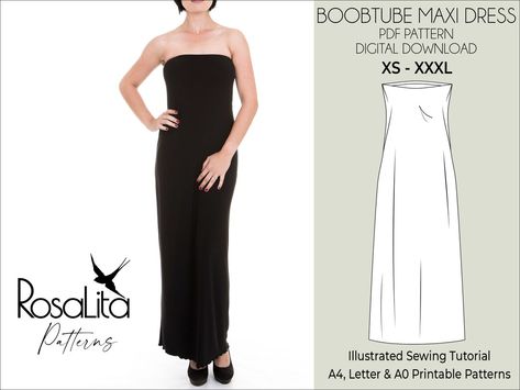 Boobtube Maxi Dress. Digital PDF Sewing Pattern XS-XXXL Easy - Etsy Tube Dress Pattern, Tube Gown, Strapless Dress Pattern, Maxi Dress Pattern Sewing, Diy Maxi Dress, Patterned Bridesmaid Dresses, Tube Maxi Dresses, Bandeau Maxi Dress, Dress Sewing Tutorials