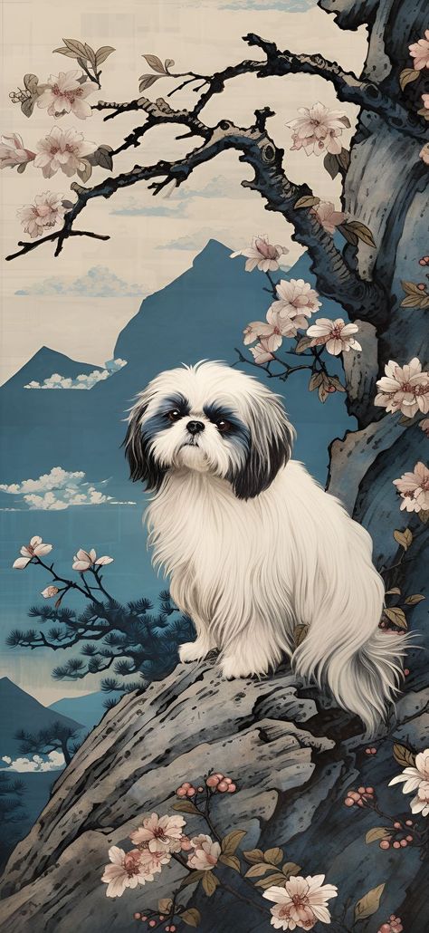 A Shih Tzu in traditional Ukiyo-E style set against a backdrop of blue mountains and trees, perfect as an aesthetic wallpaper for phone screens. Shih Tzu Wallpaper, Mountains And Trees, Lion Artwork, Aesthetic Wallpaper Iphone, Serene Landscape, 강아지 그림, Simple Iphone Wallpaper, Wallpaper Android, Shih Tzu Dog