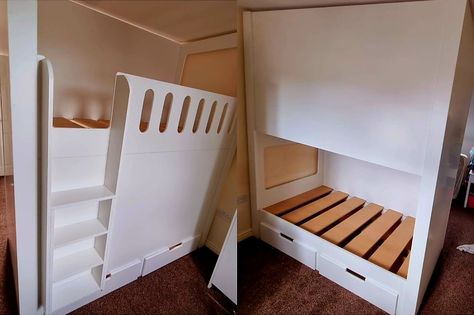 Room divider Bunk Bed Ideas. Splitting room into two for sharing bedrooms just became easy. Enabling privacy for boy and girl sharing. Made to measure. Split Boy And Girl Room, Boy And Girl Room, Bed Sharing, Bunk Bed Ideas, Bunk Bed Plans, Bedside Units, Bottom Bunk, Bunk Beds With Stairs, Affordable Bedding