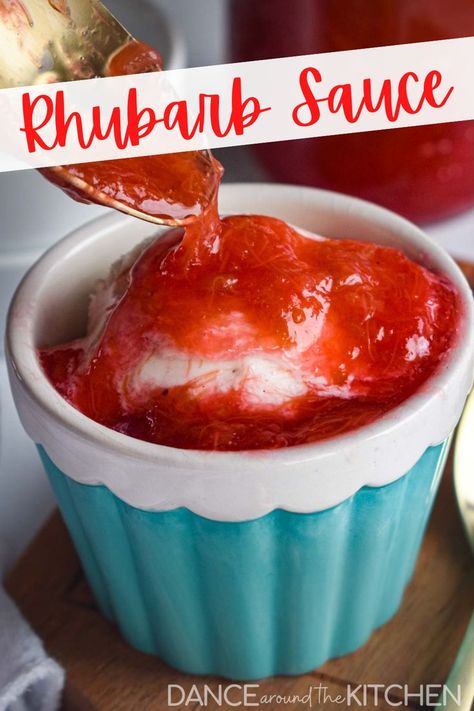 Rhubarb Sauce is a simple three-ingredient recipe that's delicious enjoyed over ice cream, pound cake, pancakes and so much more! #Rhubarb #RhubarbRecipes Rhubarb Custard Bars, Easy Rhubarb Recipes, Strawberry Rhubarb Sauce, Rhubarb Cookies, Dance Around The Kitchen, Rhubarb Sauce, Cake Pancakes, Rhubarb Syrup, Three Ingredient Recipes