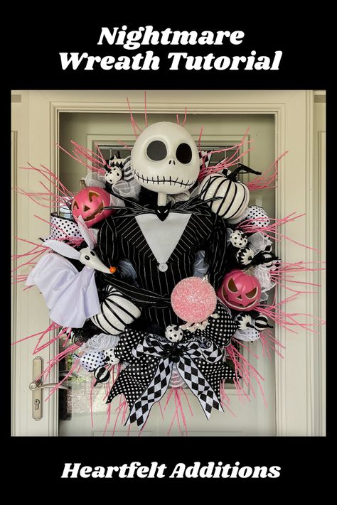 Jack Skellington Wreath, Nightmare Before Christmas Wreath, Front Door Door, Skeleton Decor, Halloween Front Door, Deco Mesh Wreaths Tutorials, The Pumpkin King, Halloween Front Doors, Mesh Wreath Tutorial