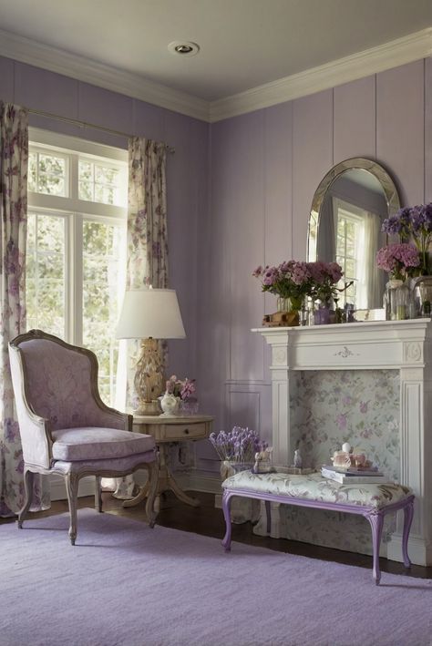 Soft Lavender Aesthetic Pastel, Purple Living Room Aesthetic, Lavender Living Room Decor, Lilac Living Room, Lavender Living Room, Purple Cottage, Cherry Wood Kitchen Cabinets, Lavender House, Lilac Cottage