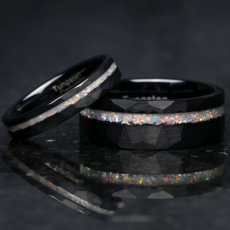 Opal Wedding Band, Shiny Rings, Black Tungsten Rings, Tungsten Wedding Band, Opal Wedding Rings, Traditional Jewellery, Note Pictures, Couple Wedding Rings, Fire Opal Ring