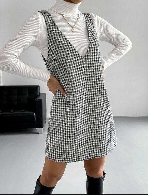 Women’s Dress Casual Outfits, Houndstooth Overall Dress, Plaid Dress White Shirt Under, Tie Strap Dress With Shirt Underneath, White Collar Outfits Women, Summer Dress In Winter Outfits, Pinafore Dress Black, Winter Dresses Modest, London Dress Style Women