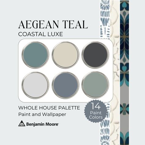 Teal Paint Palette, Benjamin Moore Teal Paint Colors, Muted Teal Paint Color, Aegean Teal Benjamin Moore, Whole House Palette, Color Palette Benjamin Moore, Bathrooms 2024, Beach House Color Palette, Ceiling Colors