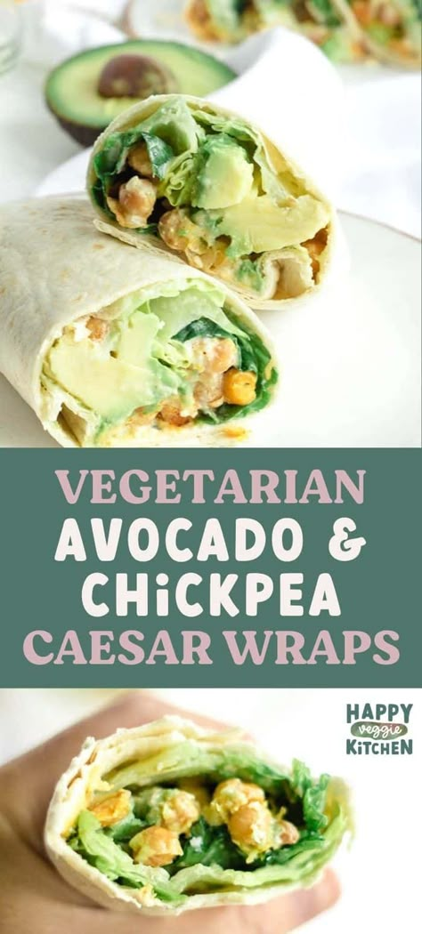 Tasty vegetarian Caesar wraps with avocado and crispy, smoky chickpea croutons! Delicious and easy, you can use a premade Caesar dressing or my own dressing recipe which is anchovy free and yogurt based. Chickpea Avocado Wrap, Chickpea Ceaser Wrap, Chickpea Caesar Salad Wrap, Chickpea Caesar Wrap, Soul Vegetarian Recipes, Wraps With Avocado, Yogurt Caesar Dressing, Vegetarian Wrap, Chickpea Croutons