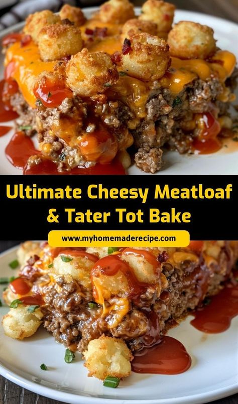 This Ultimate Cheesy Meatloaf & Tater Tot Bake combines all your favorites in one dish! With cheesy meatloaf and crispy tater tots, it’s a perfect comfort food casserole Tater Tot Meatloaf, Tator Tot Recipe, Sloppy Joe Tater Tot Casserole, Tater Tot Bake, Cheesy Meatloaf, Cheesy Tater Tots, Meatloaf Casserole, Tater Tot Recipes, Tot Casserole