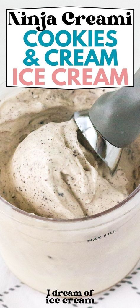 Ninja Creami Cookies and Cream ice cream is easy to make! You can use chopped Oreos or other cookies you prefer to make this simple and delicious recipe. Ice Cream Maker Recipes Healthy, Ninja Ice Cream Recipe, Protein Ice Cream Recipe, Cookies And Cream Ice Cream, Healthy Ice Cream Recipes, Vanilla Ice Cream Recipe, Oreo Ice Cream, Ice Cream Maker Recipes, Making Homemade Ice Cream