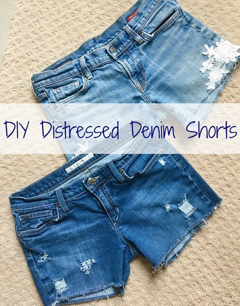 Goodwill jeans turned into distressed denim shorts!  Easy DIY with step-by-step directions. Turning Jeans Into Shorts, Jeans To Shorts, How To Distress Jean Shorts, How To Make Jean Shorts, Making Denim Shorts From Jeans, Turn Jeans Into Shorts, How To Turn Jeans Into Shorts, Jeans Into Shorts Diy, How To Fray Jean Shorts