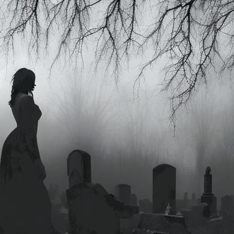 A woman clad in a classic Victorian gown gazes pensively across a dimly lit and mist-shrouded graveyard. The somber atmosphere is heightened by the eerie silence that envelops the scene, with tombstones standing solemnly like silent sentinels in the night. #shadowghost #real haunted places #shadow people #haunted places #haunted graveyard #haunted cemetery #gothic #foggy #creepy #real ghost photo #ghost sighting #abandoned places #haunted #ghost picture #demon Haunted Aesthetic, Haunting Photography, Oc Generator, Real Ghost Photos, Victorian Ghost, Haunted Cemetery, Ghost Aesthetic, Ghost Photo, Haunted Graveyard