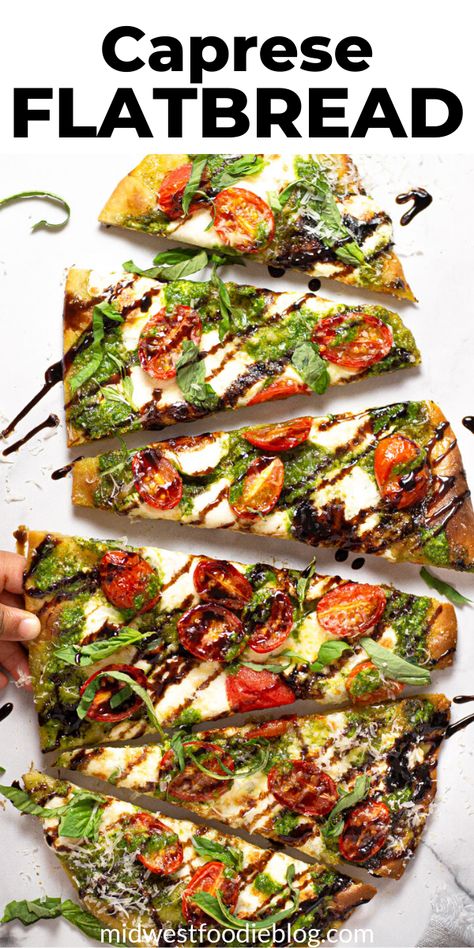 Perfect for a quick vegetarian dinner or an easy party appetizer, this Caprese flatbread takes just minutes to throw together and includes a crispy, flatbread crust, homemade spinach pesto, lots of fresh mozzarella cheese, ripe grape tomatoes and a tangy balsamic glaze along with fresh basil! Flat Bread Recipe For Pizza, Homemade Flat Bread Pizza, Flat Bread Topping Ideas, Naan Flatbread Pizza, Flat Bread Dough Recipe, Flat Bread Toppings, Easy Flat Bread Recipe, Flat Bread Recipe Pizza, Flat Bread Pizza Dough