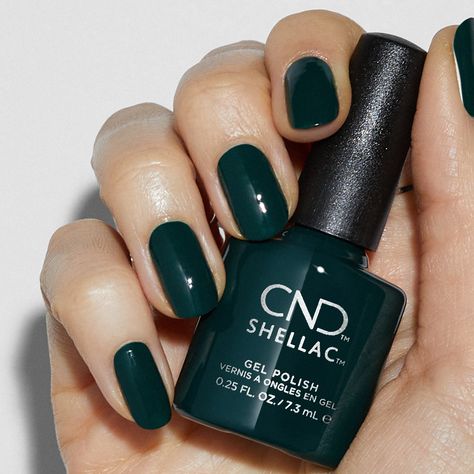 Forest Green Nail Polish, Emerald Green Nail Polish, Dark Green Nail Polish, Shellac Nail Colors, Shellac Nail Polish, Cnd Shellac Nails, Shellac Nail Art, Chrome Nail Polish, Shellac Colors