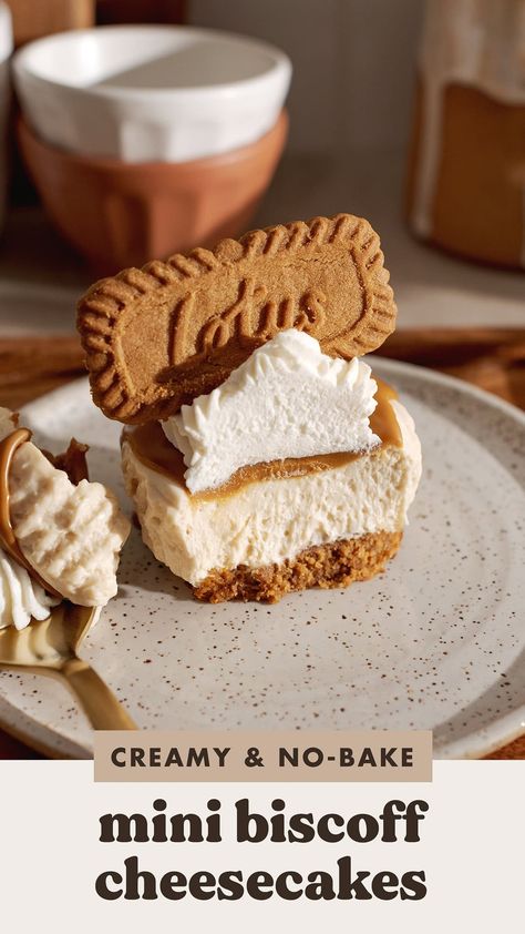 These no-bake mini biscoff cheesecakes are super creamy with a crunchy biscoff crust and airy whipped cream on top. They're easy to make and the perfect summer treat. #biscoff #cheesecake #nobakedessert | teakandthyme.com Biscoff Cheesecake Cups, No Bake Biscoff Cheesecake, Biscoff Crust, No Bake Biscoff, Biscoff Cheesecake, Thyme Recipes, Cheesecake Toppings, Biscoff Spread, Cheesecake Cups