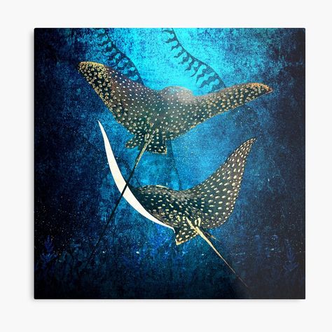 Get my art printed on awesome products. Support me at Redbubble #RBandME: https://www.redbubble.com/i/metal-print/Golden-Stingrays-Metallic-Spotted-Eagle-Rays-by-JackMoreh/75445488.0JXQP?asc=u Eagle Ray Drawing, Stingray Painting, Manta Ray Art, Garage Mural, Watercolour Animals, Spotted Eagle Ray, Ray Tattoo, Swimming Underwater, Eagle Ray