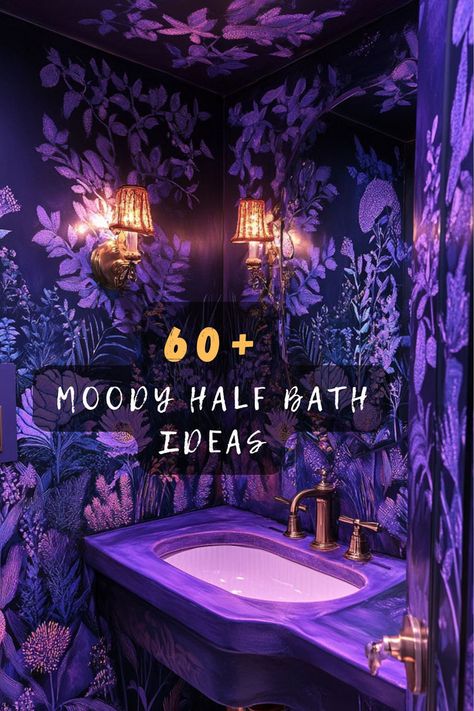 Achieve A Trendy Look With 60 Modern Moody Half Bath Designs That Stand Out! 🛁💫 From Sleek Fixtures To Dark Color Palettes, You’ll Find Ideas That Fit Any Style. Want To Discover The Latest Trends In Half Baths? Click For More Modern Inspirations! 🌟🖤 #ModernHalfBath #MoodyBathroom #HomeInspiration #ChicDesign #StylishSpaces #InteriorTrends #BathroomGoals Celestial Powder Room, Dark Nautical Bathroom, Dark Forest Bathroom, Moody Half Bathroom Ideas, Club Bathroom Aesthetic, Unique Powder Rooms, Moody Small Bathroom, Half Bath Designs, Whimsical Bathroom Ideas