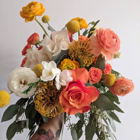 Coffee Break Rose Bouquet, Ranunculus And Eucalyptus Bouquet, Colorful Wedding Bouquet Fall, Moab Rose Bouquet, Pincushion Protea Bouquet, Pincushion Bouquet, Protea Flower Bouquet, Craspedia Bouquet, Protea Wedding Bouquet