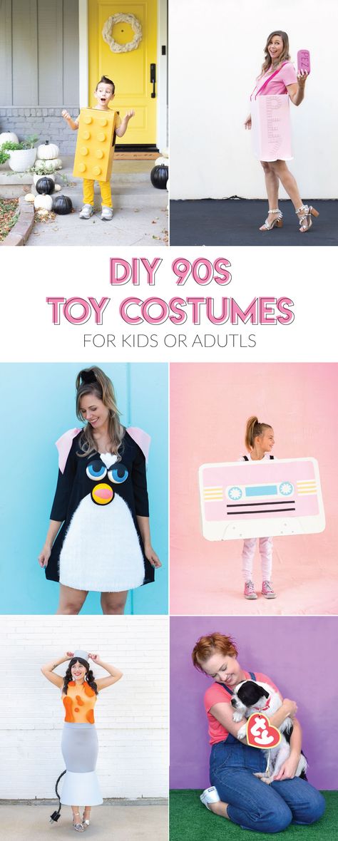 20 DIY 90s Toy Costumes for Halloween // Still need a Halloween costume? Try one of these nostalgic DIY 90s costumes based on childhood toys and games! #diycostume #halloween #diyhalloween #90s #adultcostumes #kidscostumes Toy Costume Ideas For Kids, Halloween Costumes Nostalgia, 90s Style Halloween Costumes, Blossom Costume 90s, Creative 90s Costumes, 90s Toy Halloween Costume, Diy Halloween Costumes 90s, Toy Costume Ideas For Adults, Toy Costumes Diy