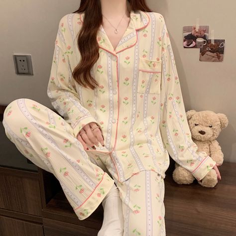 Spring and Autumn New Women's Fresh Flowers Long-Sleeved Pajamas Homewear Suit Leisure Pajamas Thin Lounge Pajamas, New Woman, Fresh Flowers, Pajama Set, Pajamas, Flowers