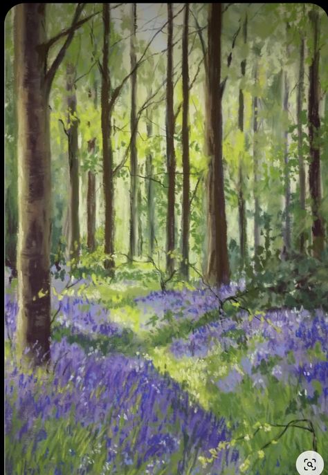 Trees Landscape Drawing, Bluebell Painting Acrylic, Bluebell Woods Painting, Forest Flowers Painting, Spring Forest Painting, Watercolour Forest Painting, Watercolor Art Forest, Forest Art Drawing, Painting Trees Acrylic