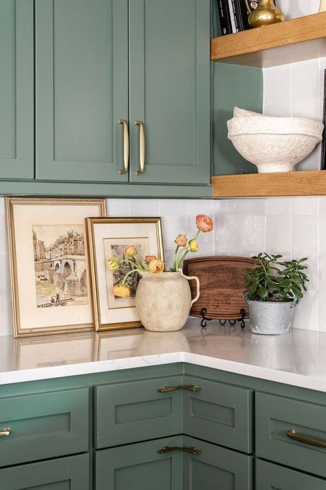 Sage Green Cabinet Black Hardware, Green Accent Backsplash, Kitchen Decor With Green Cabinets, Boho Green Cabinets, Full Wall Kitchen Tile, Painted Cabinets Kitchen Green, Kitchen Flooring With Green Cabinets, Small Kitchen Remodel Green, Benjamin Moore Peale Green Kitchen Cabinets