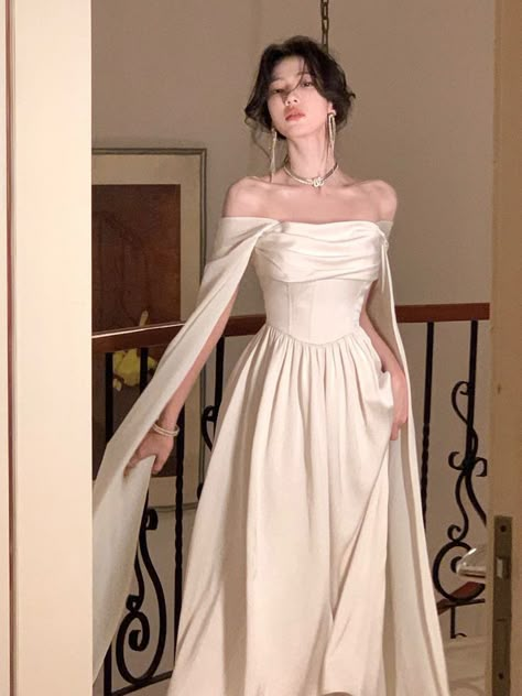 Beige Graduation Dress, Royal Outfits Female, Farewell Dress Ideas Western, Prom Dresses Modest Elegant, White Gowns Elegant Classy, Long Dress Party Elegant, White Dress Fancy, Pretty Dresses Elegant, Long Dress Satin