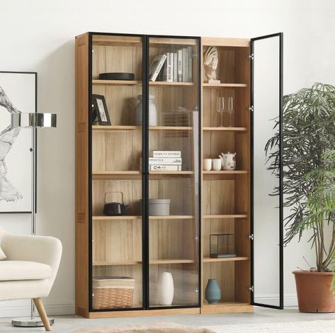 Scandinavian Bookshelves, Glass Bookshelves, Display Cabinet Modern, Solid Oak Sideboard, Brown Bookcase, Oak Display Cabinet, Solid Oak Coffee Table, Bookcase With Drawers, Bookcase Cabinet