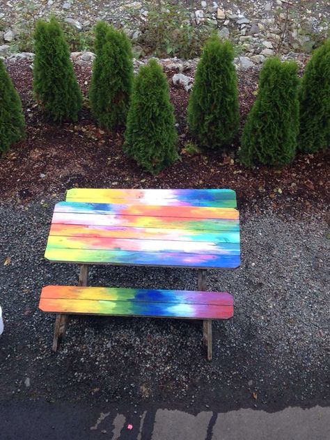 Table I painted for Alaska Canopy Adventures in Ketchikan Alaska #acrylic #handpainted #picnic #table #ideas #rainbow #colorful #melt Rainbow Picnic Table, Painting Picnic Table Ideas, Painted Picnic Table Ideas, Picnic Bench Painted, Picnic Table Painting Ideas, Picnic Table Ideas, Kids Picnic Table Paint Ideas, Acrylic Painting Park Bench, Rainbow Furniture