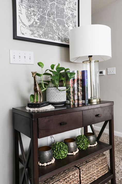 3 Shelf Sofa Table Decor, Entryway Table Decor Dark Wood, Entryway Table With Plants, Dark Wood Entry Table Decor, 3 Shelf Console Table Decorating, 3 Shelf Entry Table Decor, Middle Table Decor, Console Table Decorating Living Room, Living Room Console Table Decor