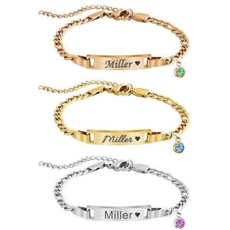 JUBOPE Custom Name Bar ID Bracelets, Personalized 18k Gold Plated Engrave Charm Bracelet with Name Birthstone,Customized Birt Bracelet With Name, Birthday Stone, Christmas Weddings, Bar Bracelet, Id Bracelets, Bar Bracelets, Name Bracelet, Personalized Bracelets, Girl Mom