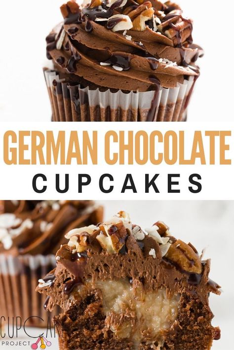 Mini German Chocolate Cakes, Twix Cupcakes, German Chocolate Frosting, Stuffed Cupcakes, Chocolate Cupcakes Recipe, German Chocolate Cupcakes, Chocolate Cupcakes Filled, Coconut Pecan Frosting, Party Cupcakes