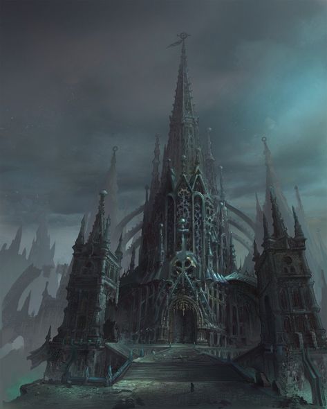 ArtStation - dark church, Jun li LIU Dark Fantasy City Aesthetic, Dark Temple Aesthetic, Dark Castle Art, Gothic Kingdom, Dystopian Environment, Dark Fantasy Castle, Dark Fantasy Landscape, Nether Hub, Cathedral Exterior