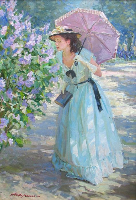 The smell of lilacs, Alexandr Averin Umbrella, A Woman, Canvas Painting, Purple, Canvas, Flowers, Blue, Art