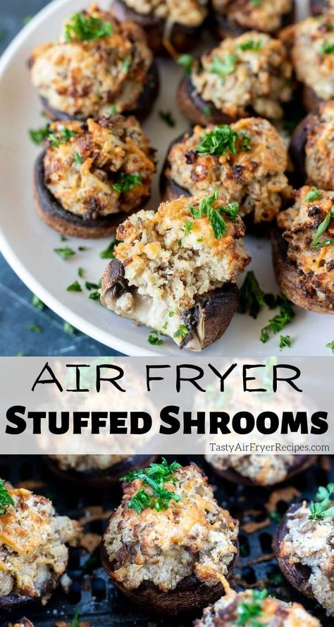 Air Fryer Stuffed Mushrooms are a quick and easy appetizer recipe. Air fried mushrooms filled with a creamy cheesy filling. #stuffedmushrooms #airfryer #airfryerrecipes #airfryermushrooms #airfryerappetizers #appetizerrecipes Stuffed Mushrooms Without Cream Cheese, Air Fryer Stuffed Mushrooms, Air Fried Mushrooms, Easy Mushroom Recipes, Sleeve Recipes, Stuffed Mushrooms Easy, New Air Fryer Recipes, Bariatric Sleeve, Stuffed Mushroom