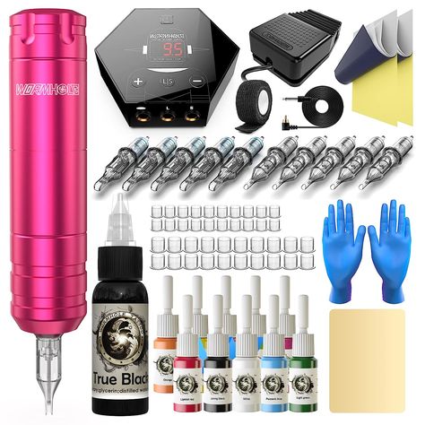 TATTOO KIT PACKAGE: This Complete tattoo pen kit includes a tattoo pen, RCA cord, tattoo power supply, tattoo foot pedal, tattoo inks, cartridge tattoo needles, and other tattoo accessories. Tattooing Machines, Wormhole Tattoo, Tattoo Printer, Tattoo Transfer Paper, Complete Tattoo, Purple Tattoos, Coil Tattoo Machine, Tattoo Machine Kits, Beginner Tattoos