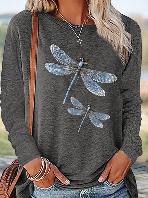 Women's Dragonfly Printed Round Neck Casual Long Sleeve T-Shirt Grey Casual  Long Sleeve Polyester Animal,Colorblock,Butterfly  Medium Stretch  Women Clothing, size features are:Bust: ,Length: ,Sleeve Length: