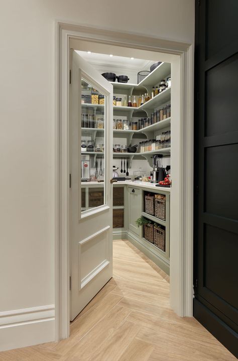 Benchmarx Kitchen, Small Walk In Pantry, Tom Howley Kitchens, Walk In Pantry Ideas, Pantry Lighting, Tom Howley, White Pantry, Glass Pantry Door, Better Organization