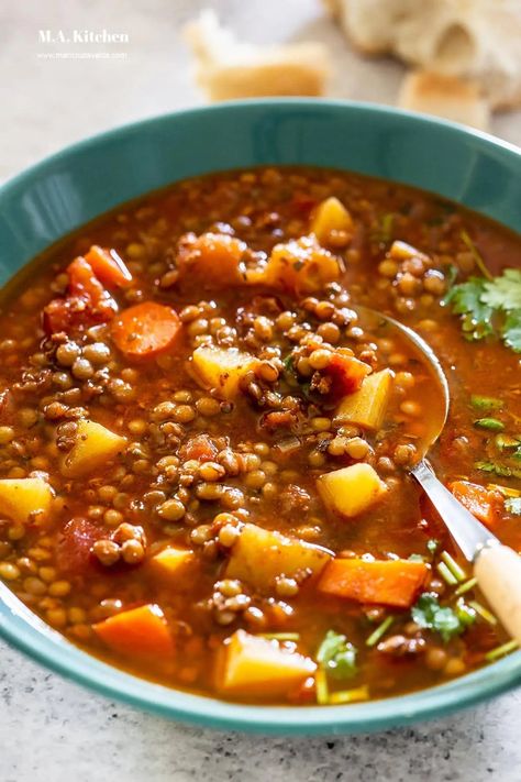 Sopa de Lentejas (with chorizo) Mexican Lentil Soup Recipe, Spanish Lentil Soup, Soup With Chorizo, Lentil And Bacon Soup, Lentil Kale Soup, Bacon Soup Recipes, Tomato Lentils, Canned Lentils, Mexican Chorizo